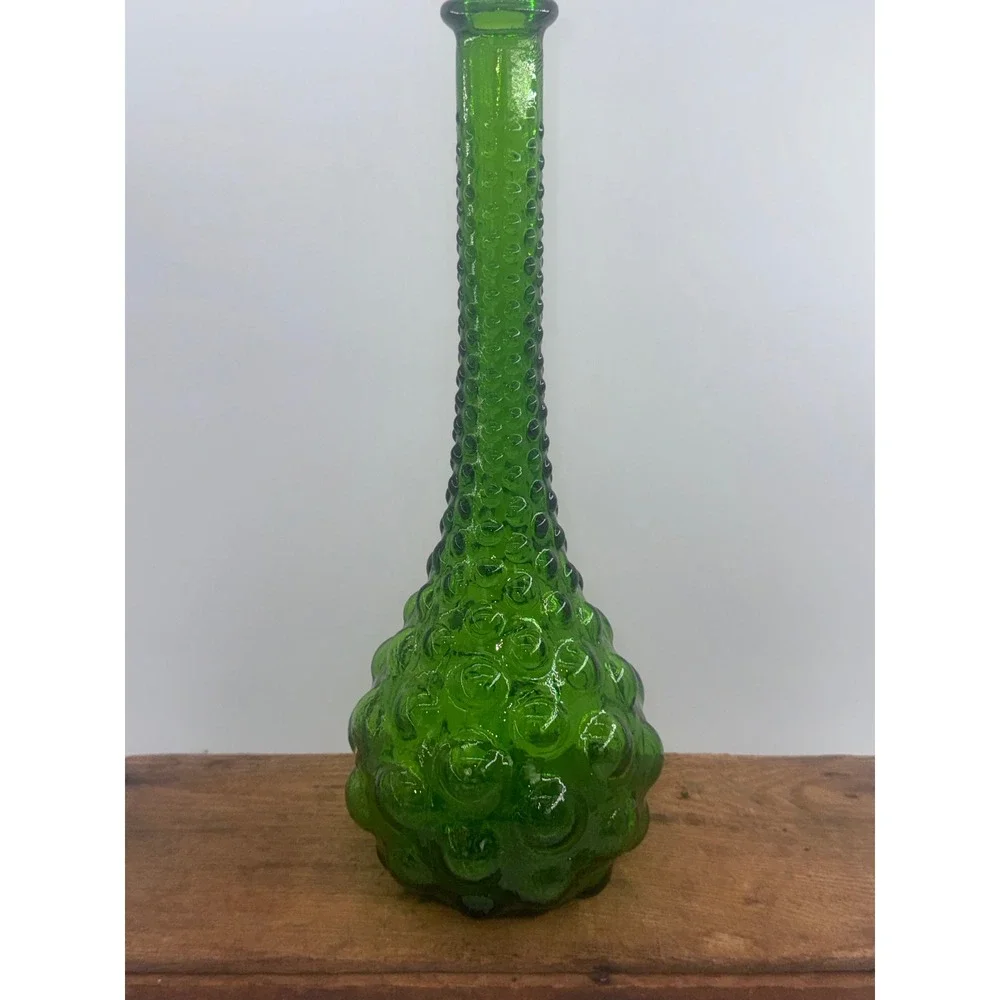 Vintage Green Glass Hobnail Genie Bottle Vase Mid Century Modern Decor 13.5 Inch